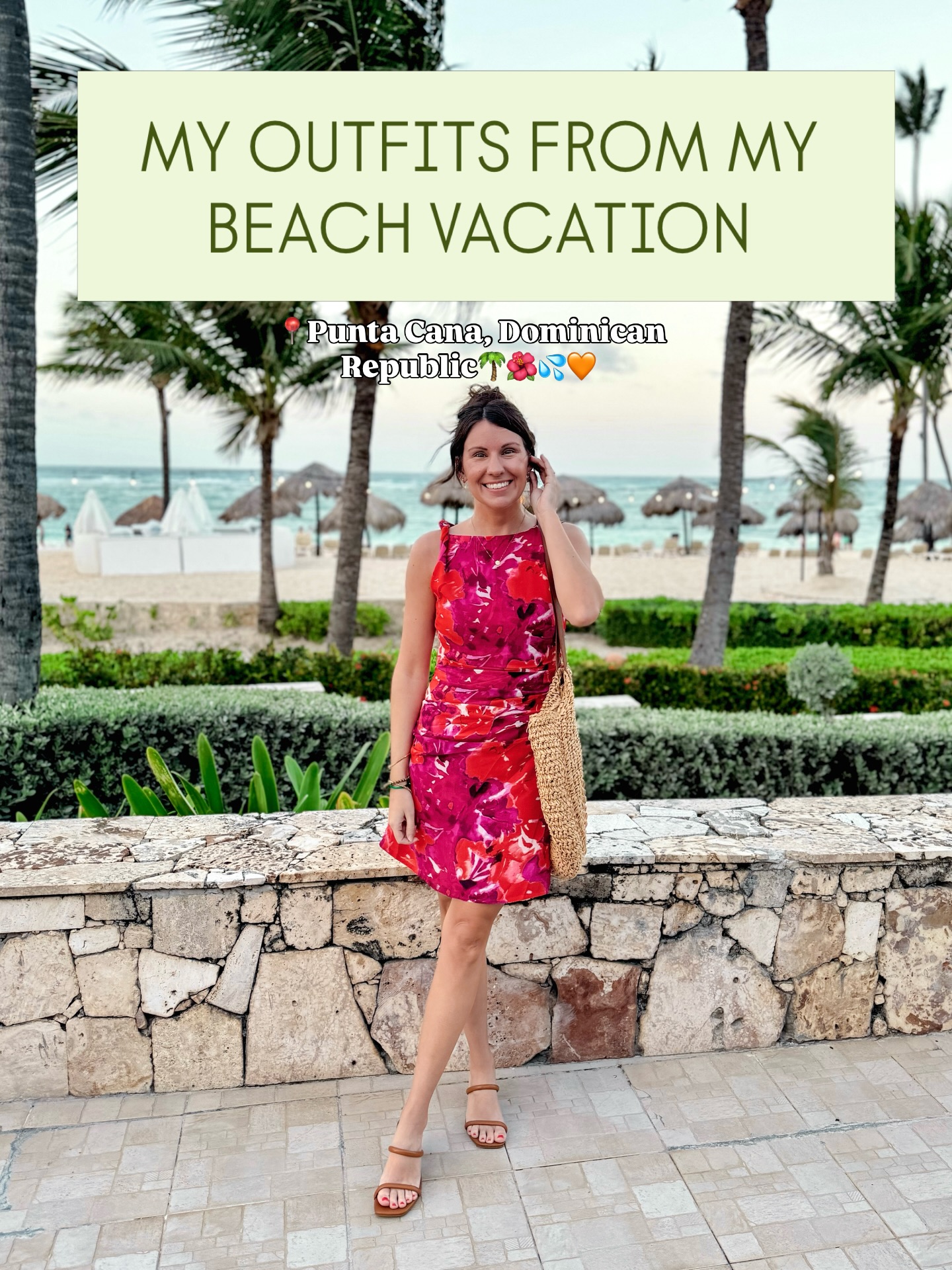A Bright Floral Dress with a Straw Tote for Beach Days