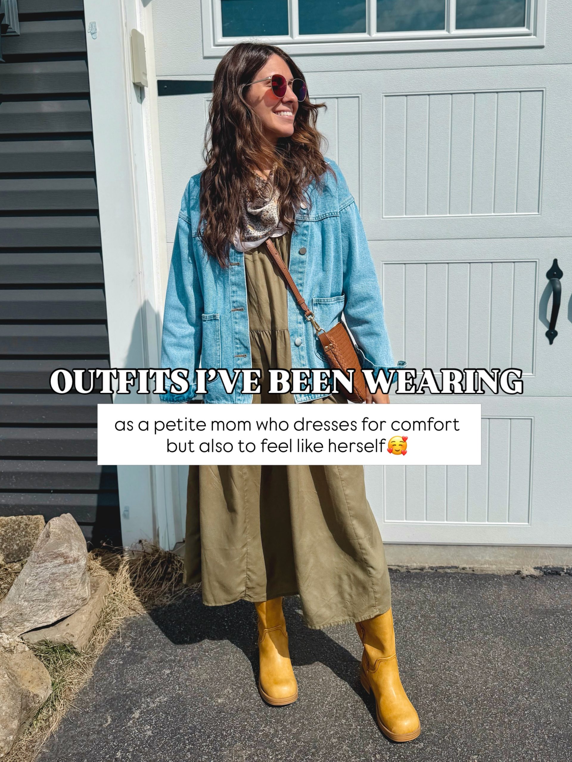 A Denim Jacket over an Olive Dress with Mustard Boots