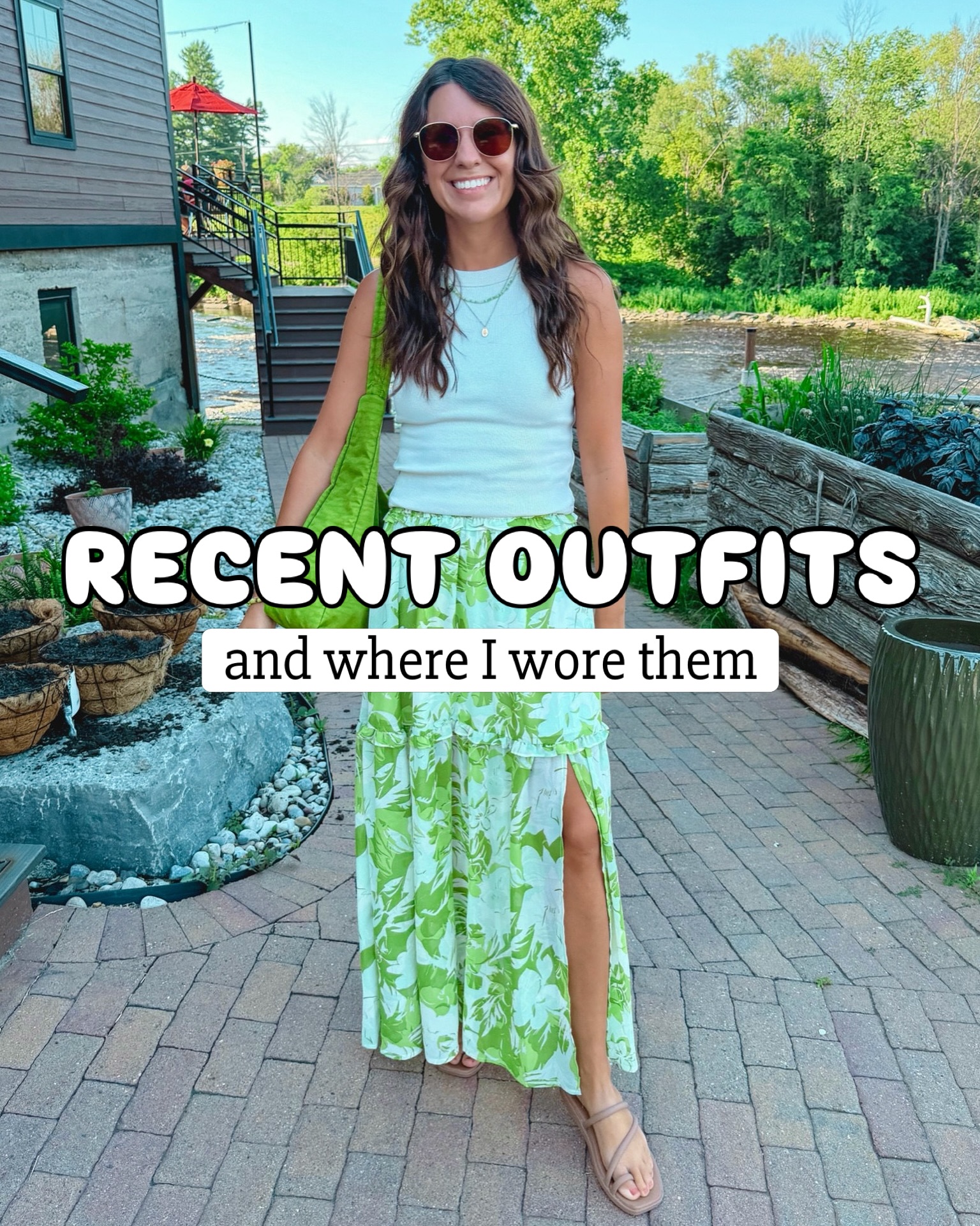 A White Sleeveless Top with a Green Floral Maxi Skirt